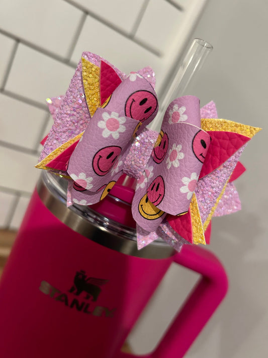 Tumbler Bow for Stanley, straw topper, happy face smiley smiles pink lavender yellow purple white lilac pomelo mega bow peace