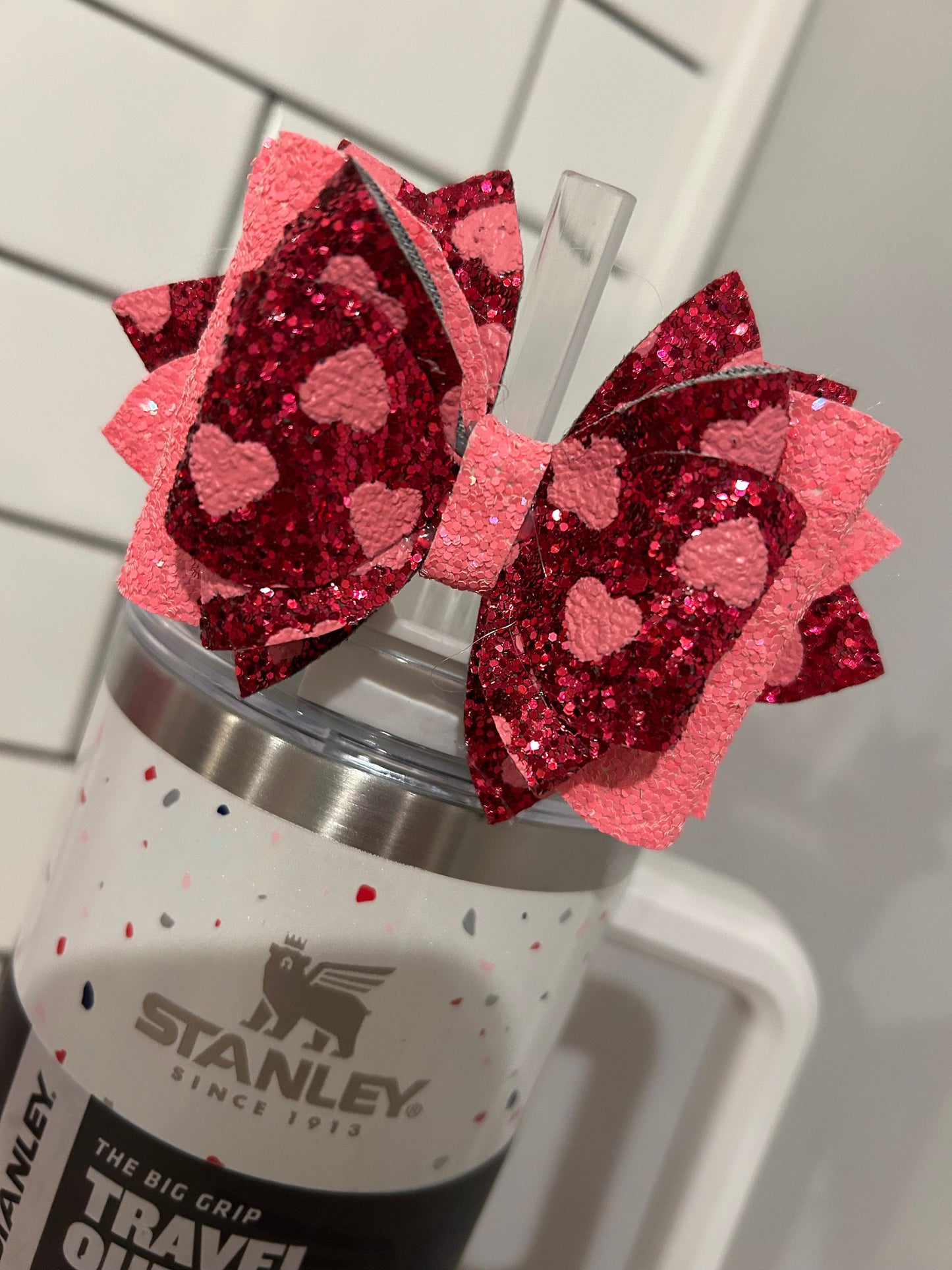 Stanley Tumbler Bow pink red Glitter Straw Topper valentine hearts