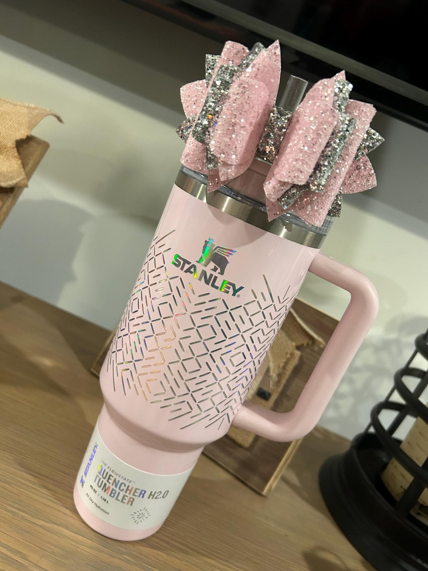 Stanley Tumbler Bow petal Straw Topper shimmer winter wonderland icicle gloss white pink silver parfait pearlescent bloom