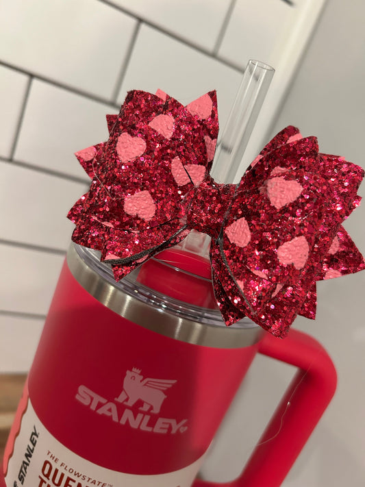 Stanley Tumbler Bow Straw Topper Valentine Hearts Hot Pink cosmo pink cosmic glitter