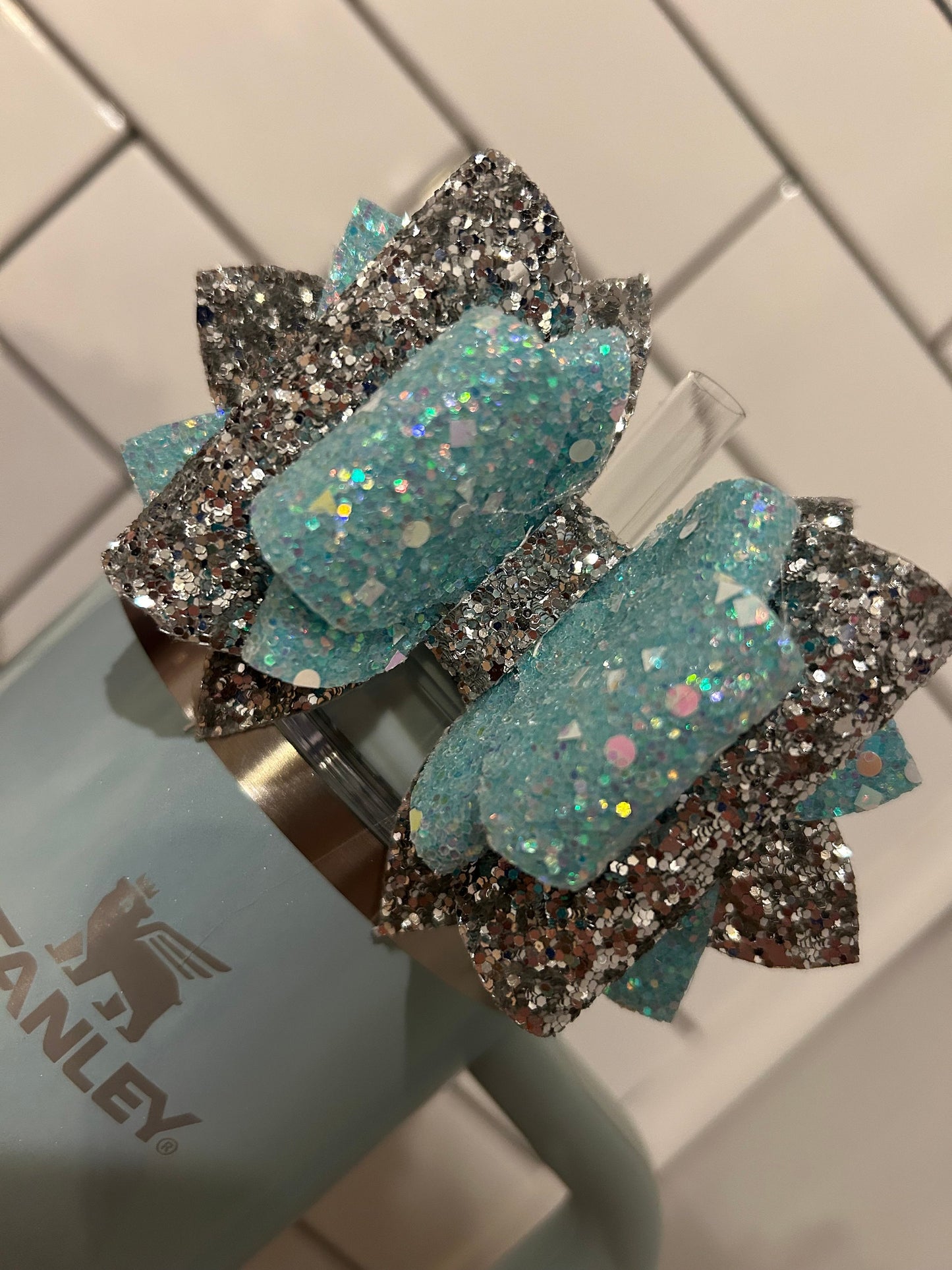 Glitter Tumbler Bow for Stanley, straw topper, blueberry milk glitter silver blue green aqua turquoise