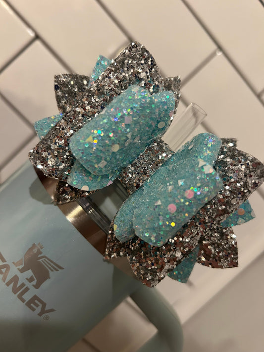 Glitter Tumbler Bow for Stanley, straw topper, blueberry milk glitter silver blue green aqua turquoise