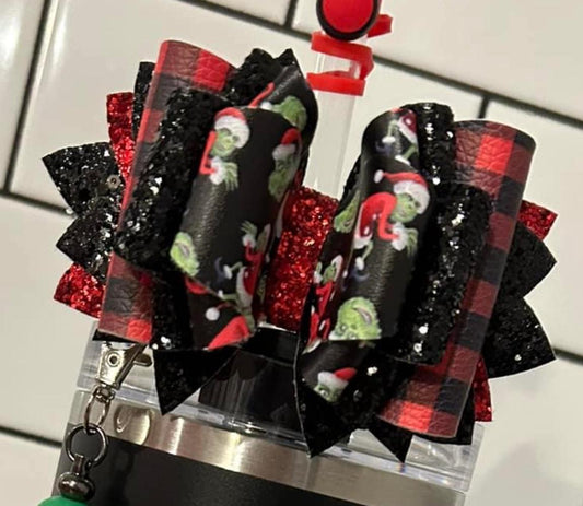 Stanley Tumbler mega Bow Glitter sparkle Straw topper Christmas Grinch red green  Santa black plaid buffalo check