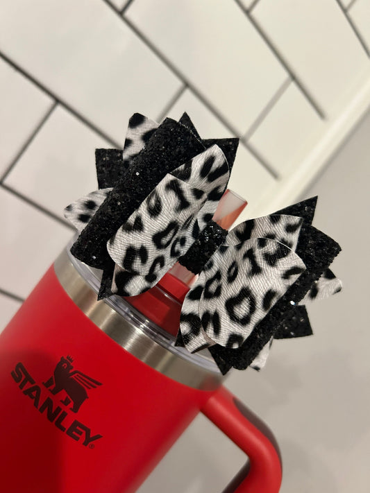 Tumbler Bow for Stanley, straw topper, black white glitter snow leopard neon pink green orange yellow blaze