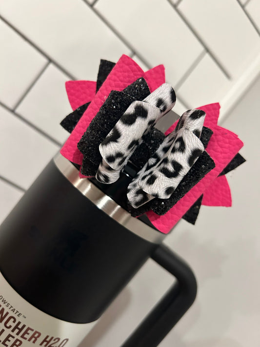 Tumbler Bow for Stanley, straw topper, black white glitter snow leopard hot pink pebble camelia fuchsia