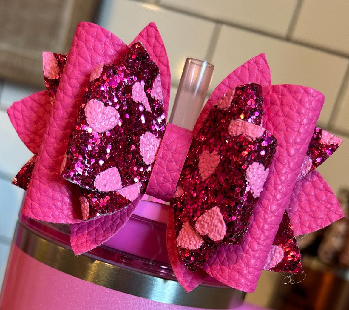 Stanley Tumbler Bow pink red Glitter Straw Topper valentine hearts pebble