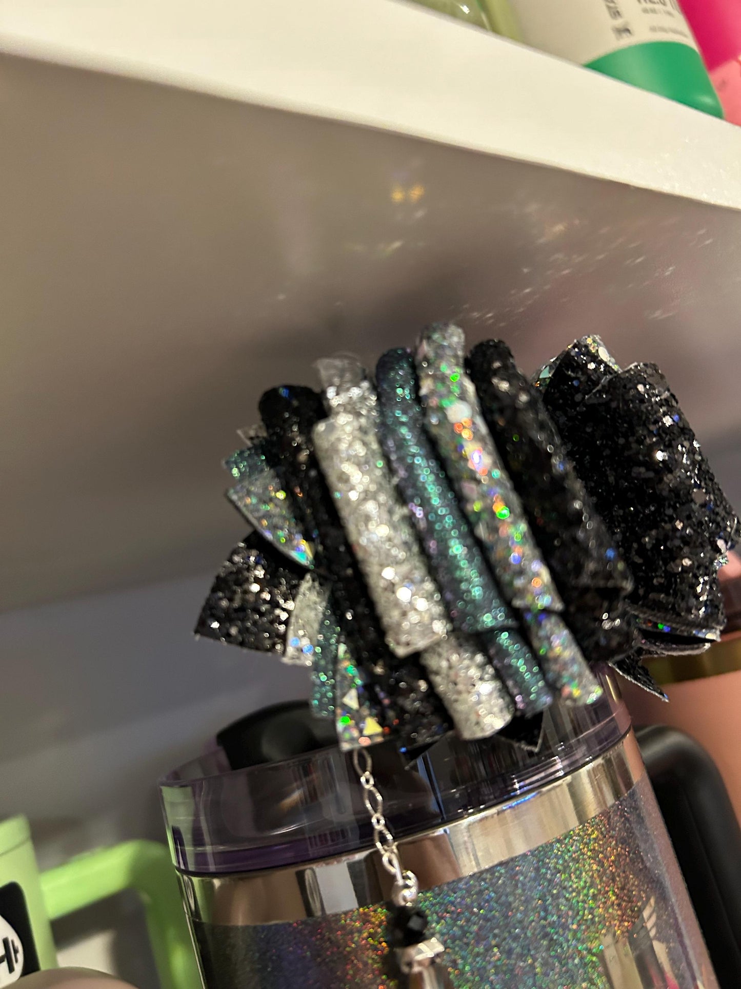 Stanley Tumbler Bow Glitter Straw Topper black silver chroma chrome iridescent moon star purple sparkle midnight glitz glam silver shine