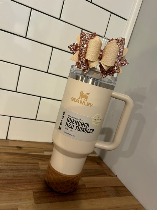 Glitter Tumbler Bow for Stanley, straw topper, cream rose gold best beige glitter oat milk calia copper white