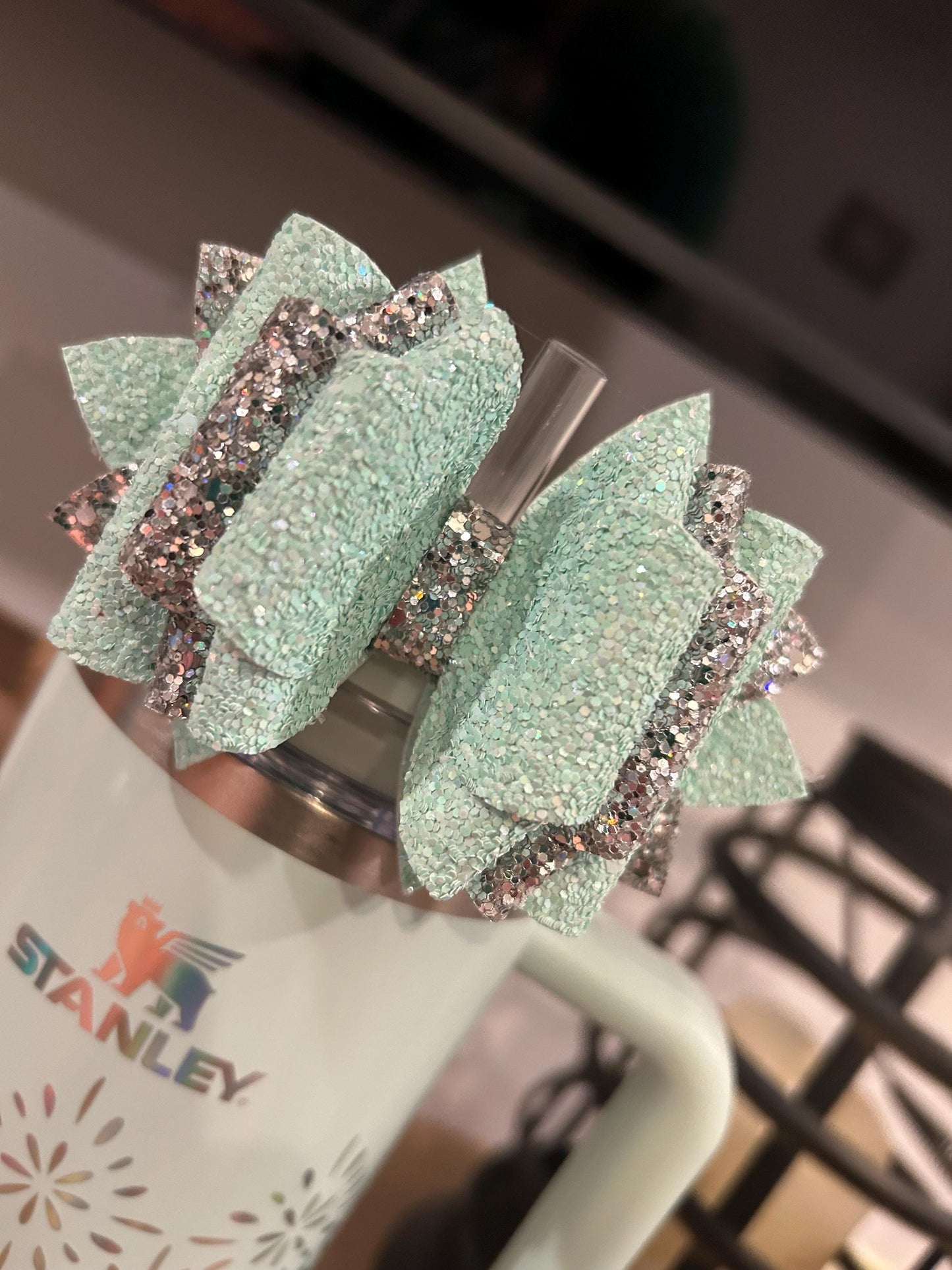 Glitter Tumbler Bow for Stanley, straw topper, blueberry milk  blue green aqua sea glass seaglass gloss winter wonderland silver mint julep