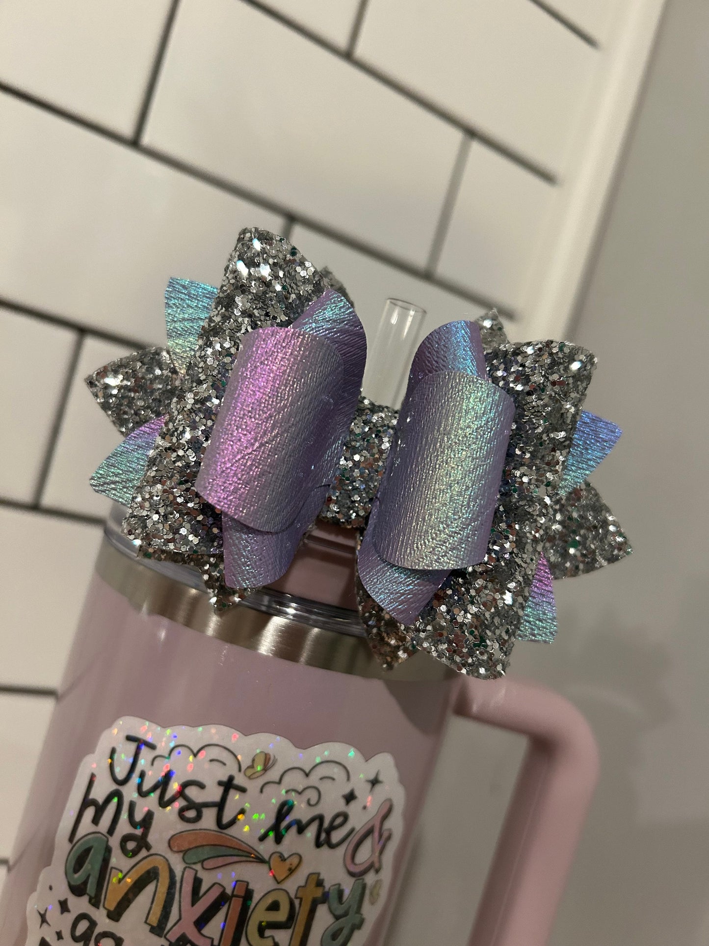 Glitter Tumbler Bow for Stanley, straw topper, aster lavender iridescent glitter silver pink