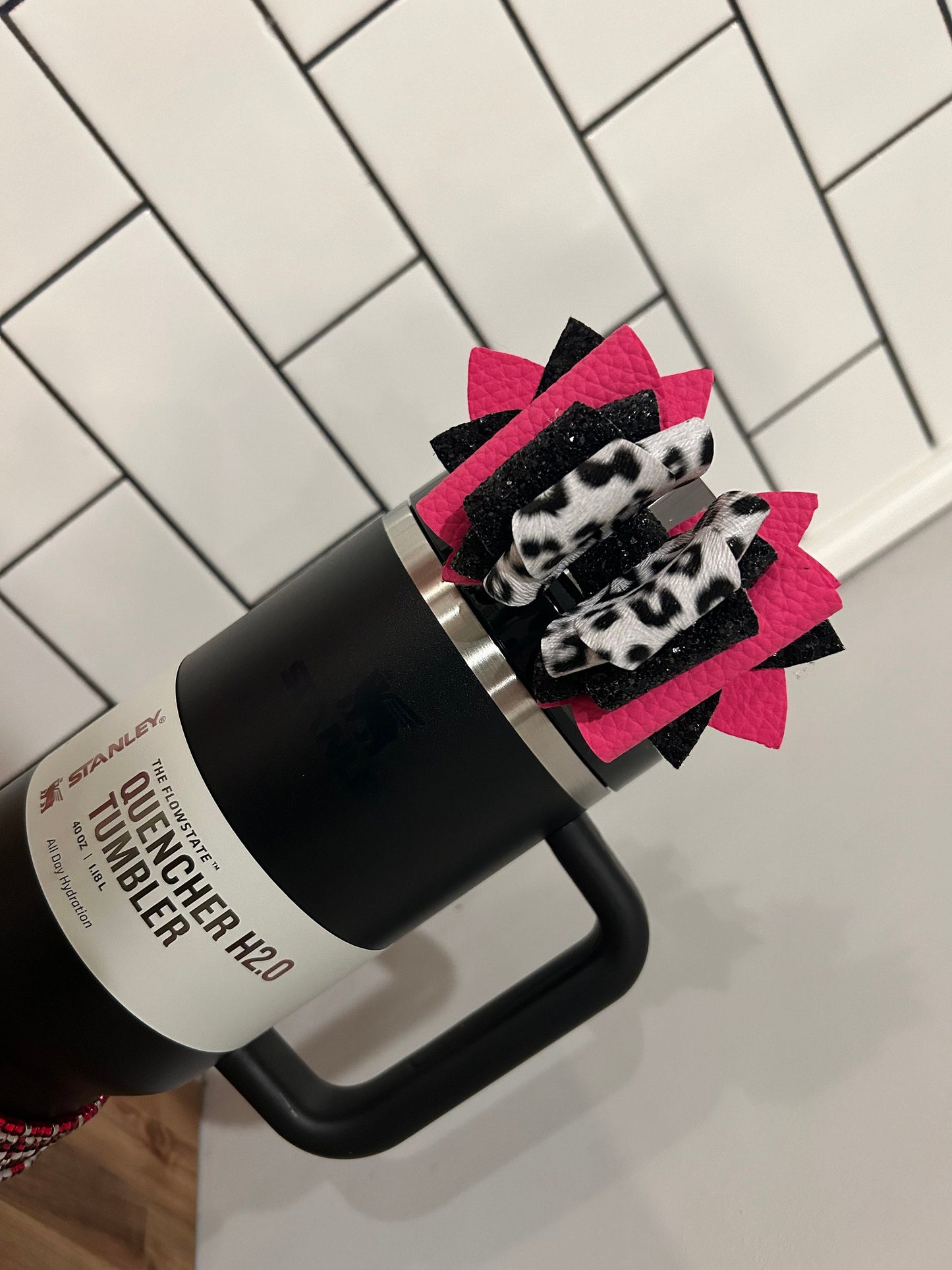 Tumbler Bow for Stanley, straw topper, black white glitter snow leopard hot pink pebble camelia fuchsia