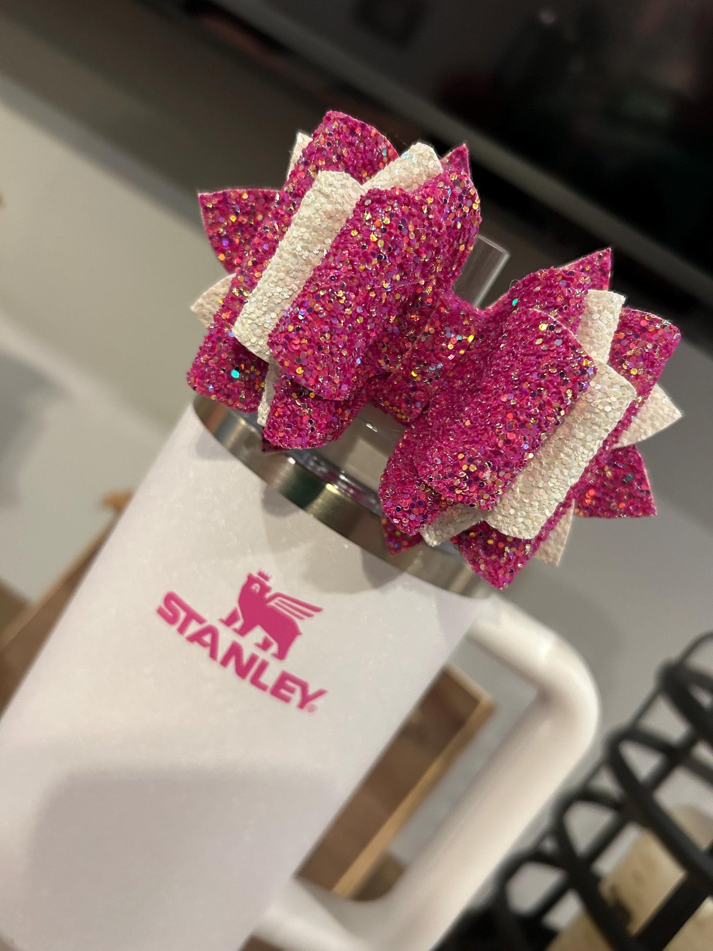 Stanley Tumbler Bow peony camelia fuchsia flamingo Straw Topper hot pink punch shimmer wicked Glinda winter wonderland crystal crush white