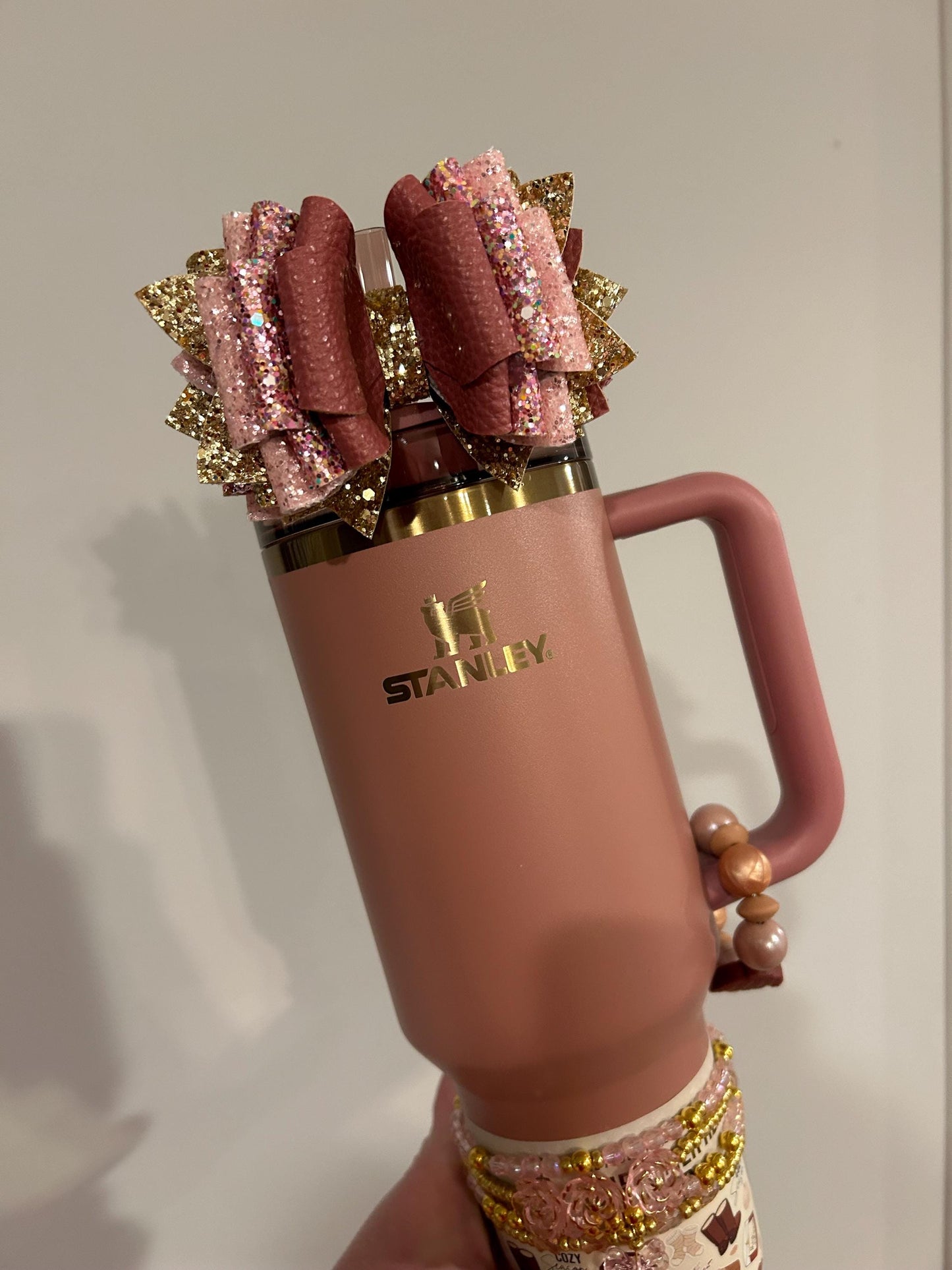Custom Stanley Tumbler Bow Glitter Straw Topper gold pink rose antique pink mauve valentine rose gold