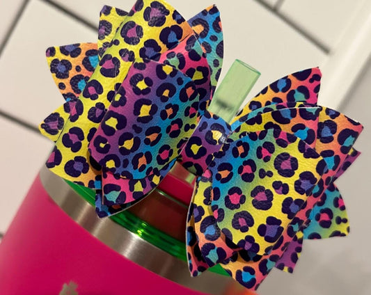 Colorful leopard like Lisa frank Tumbler Bow for Stanley, straw topper pink, purple, yellow orange neon camelia fuchsia lavender multi