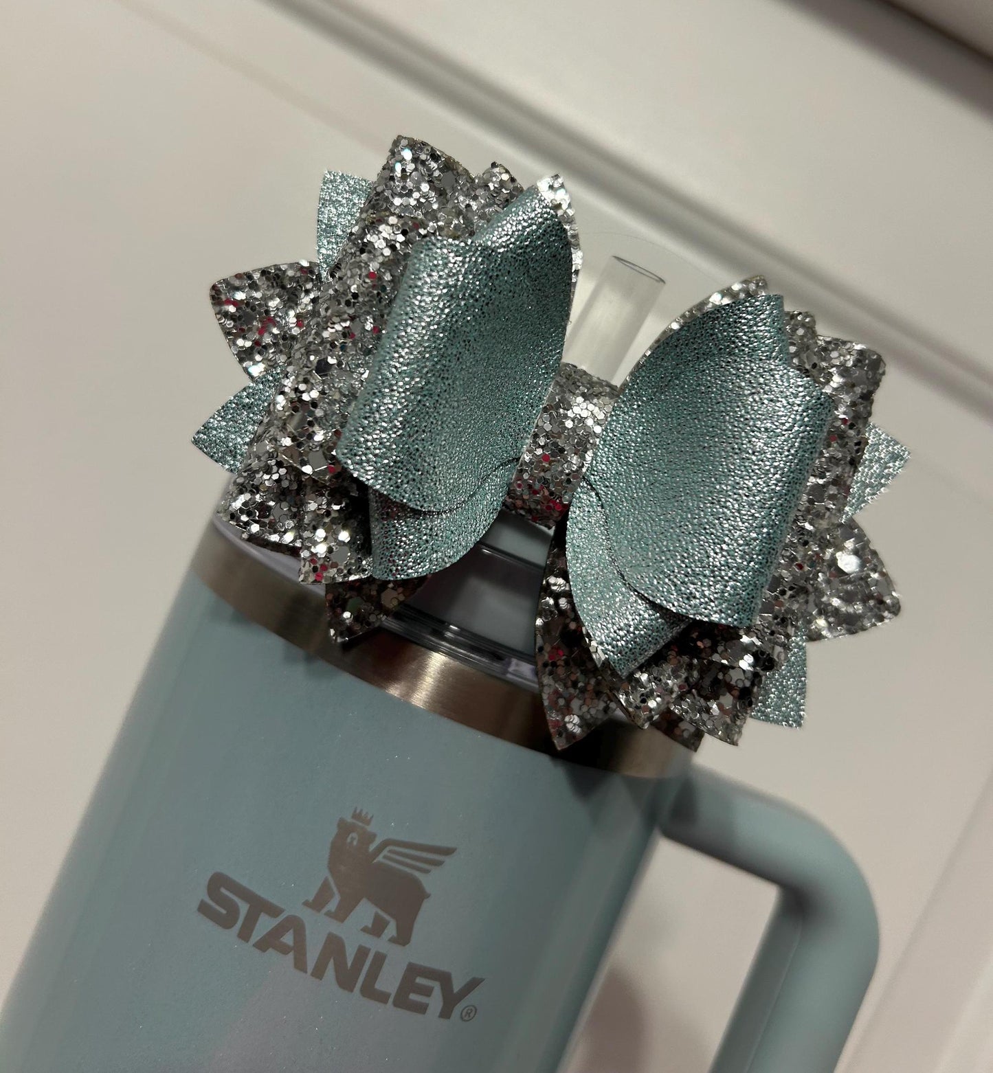 Glitter Tumbler Bow for Stanley, straw topper, blueberry milk glitter silver blue green aqua turquoise