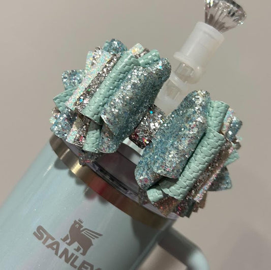 Glitter Tumbler Bow for Stanley, mega straw topper, blueberry milk glitter silver blue green aqua turquoise 9 layers!