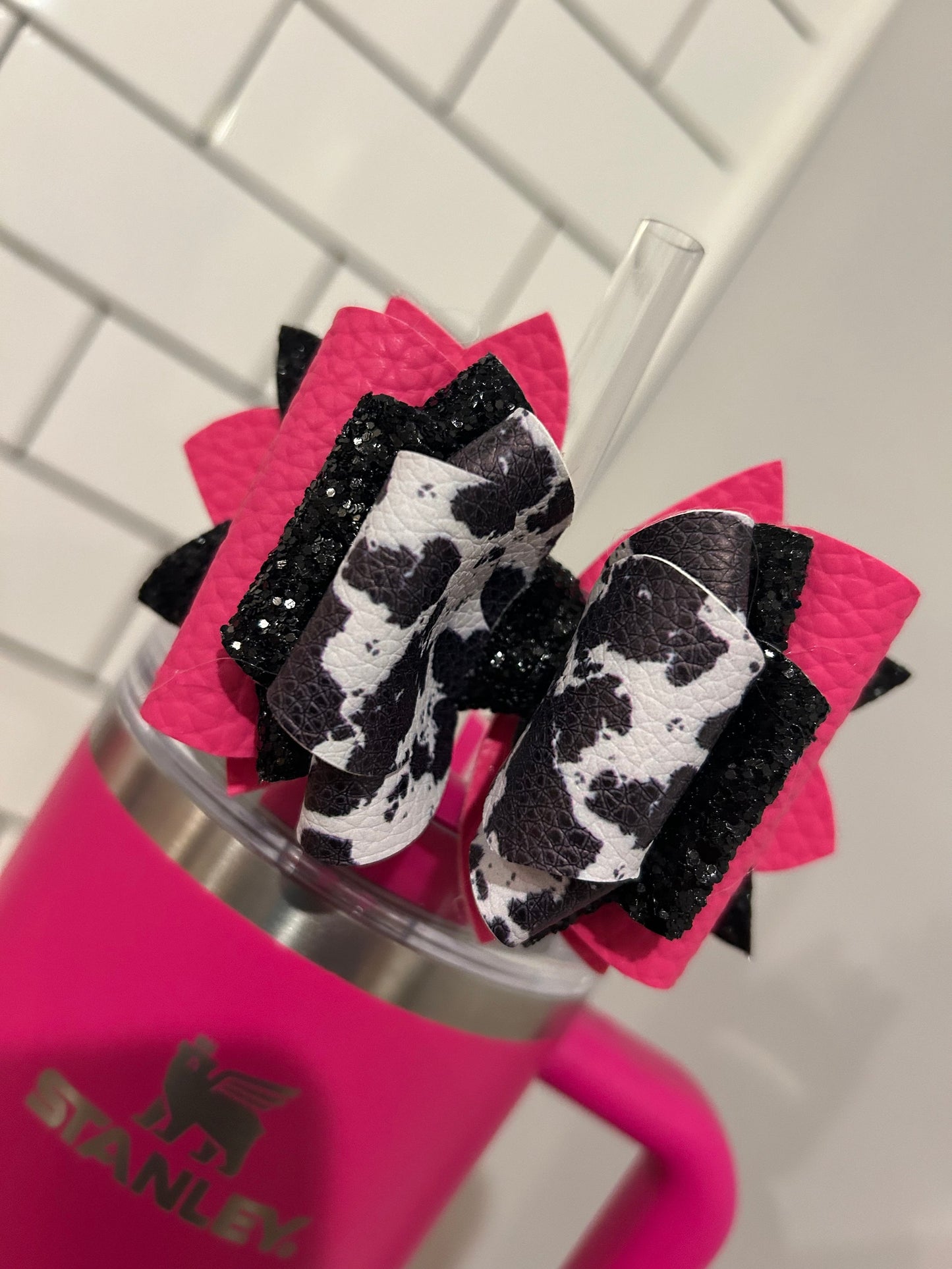Pink Black and White Cow Tumbler Bow for Stanley Straw Topper