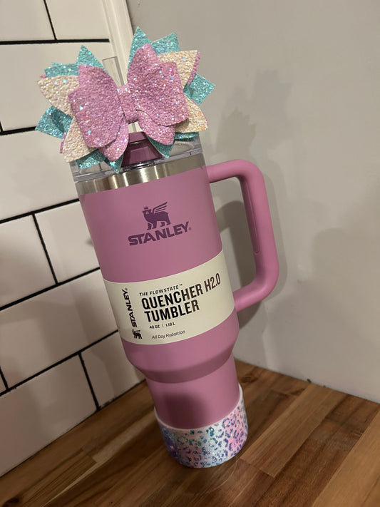 Stanley Tumbler Bow Lilac Blue White Glitter Straw Topper Aqua Lavender Purple