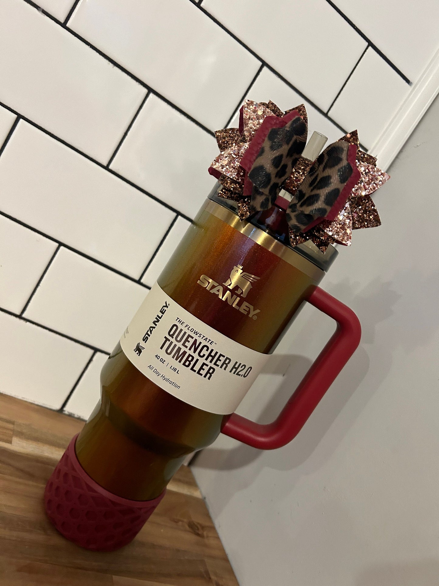 Glitter Tumbler Bow for Stanley, straw topper burgundy maroon gold glitter country gold Lainey Wilson cranberry brown leopard cheetah print