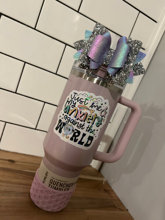 Glitter Tumbler Bow for Stanley, straw topper, aster lavender iridescent glitter silver pink