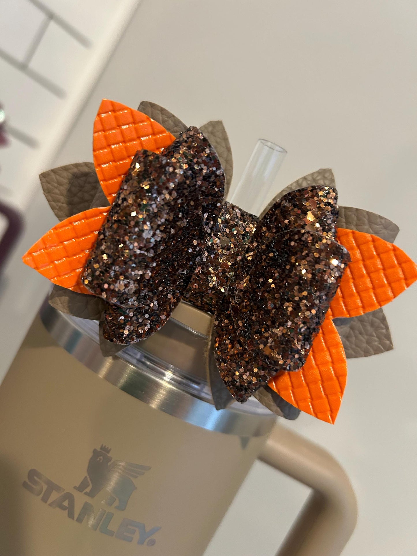 Glitter Tumbler Bow for Stanley, straw topper, basic brown orange turkey pumpkin spice coffee fall orange clay thanksgiving chocolate gold