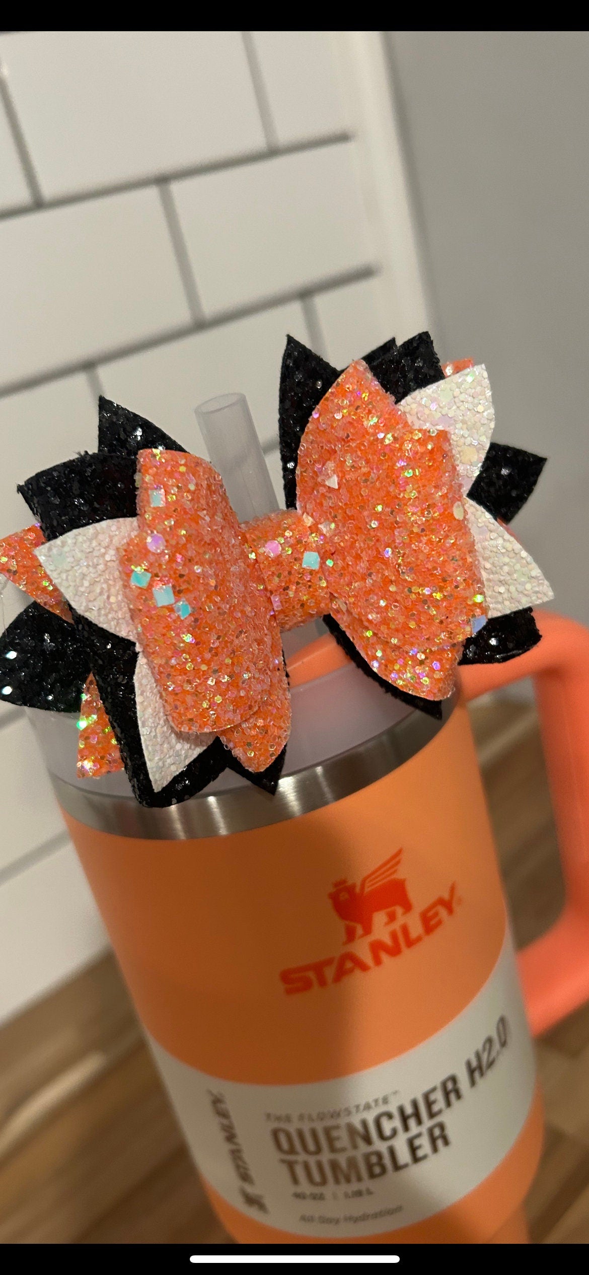Stanley Tumbler Bow diamond Glitter Straw Topper sunshine yellow black orange tigerlilly peach sparkle nectarine go tigers