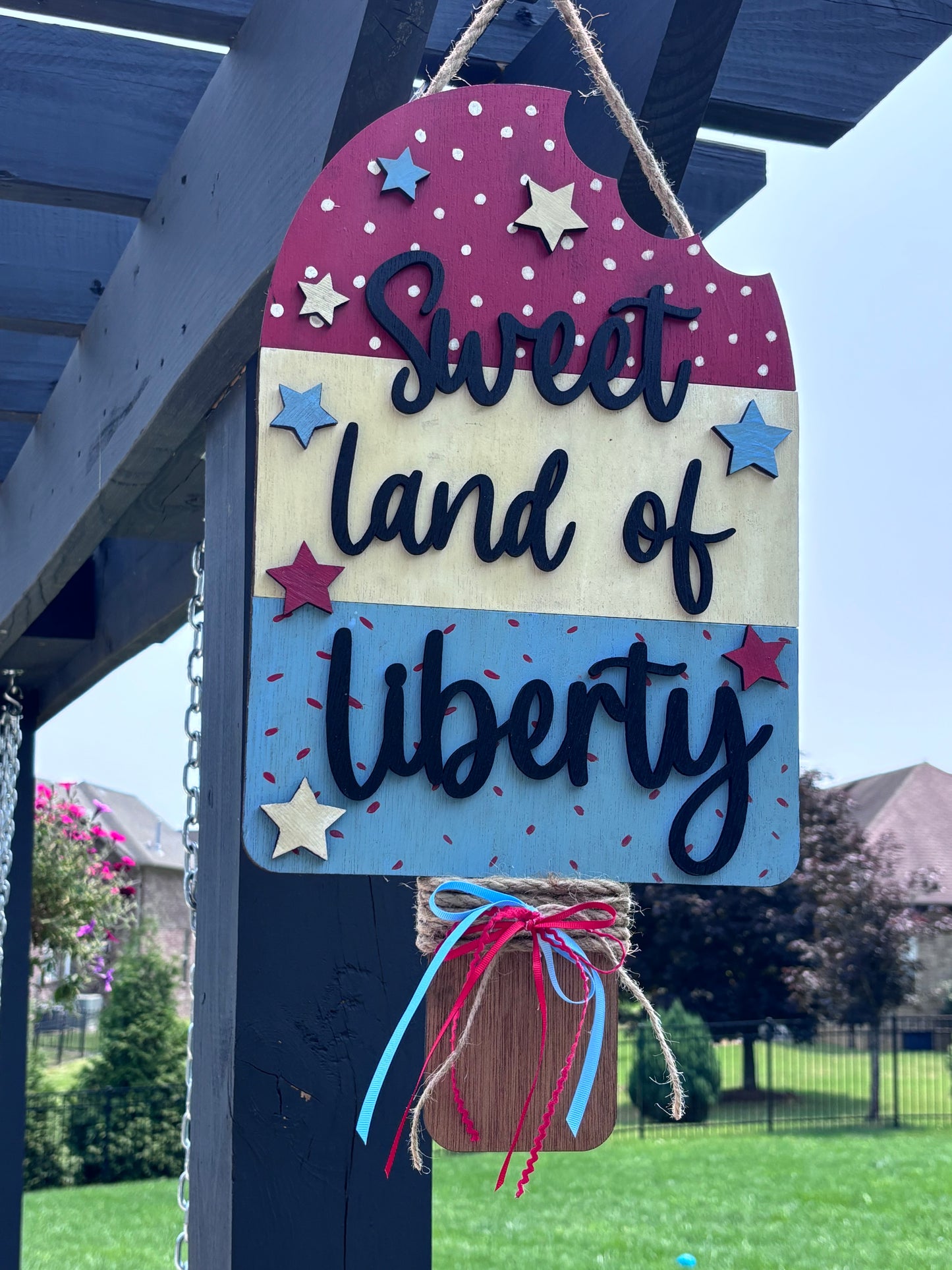 4th of July door Sign, patriotic red white blue door hanger, popsicle sweet land of liberty, not ice cream cone
