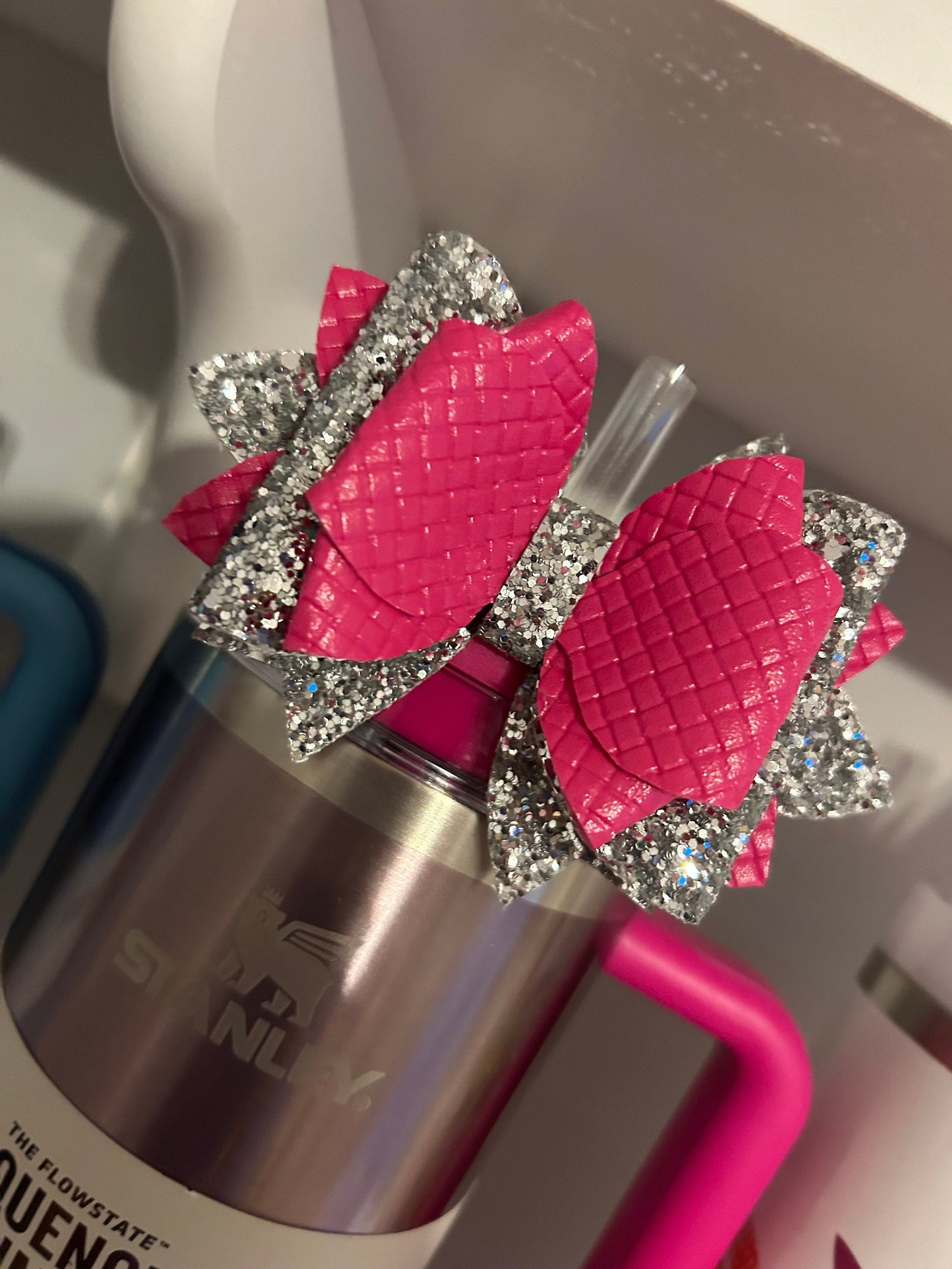 Stanley Tumbler Bow pink peony camelia gradient fuchsia flamingo Glitter Straw Topper valentine hot pink cranberry punch shimmer