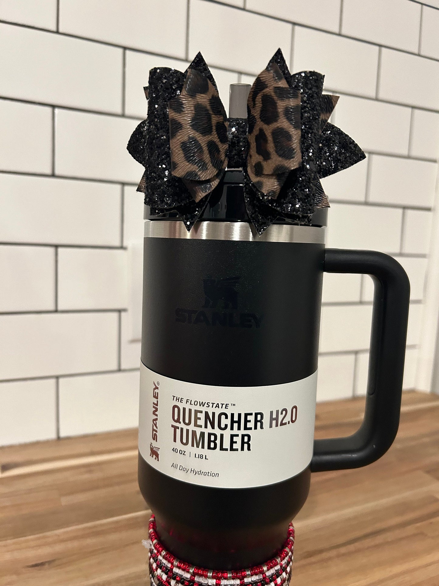 Tumbler Bow for Stanley, straw topper, black brown  leopard glitter gray grey silver for neon pink green yellow orange animal print