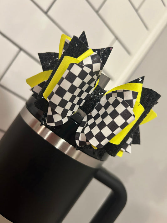Tumbler Bow for Stanley, straw topper, black white check checkers squares paired with choice of neon pink, green yellow black hot pink etc…