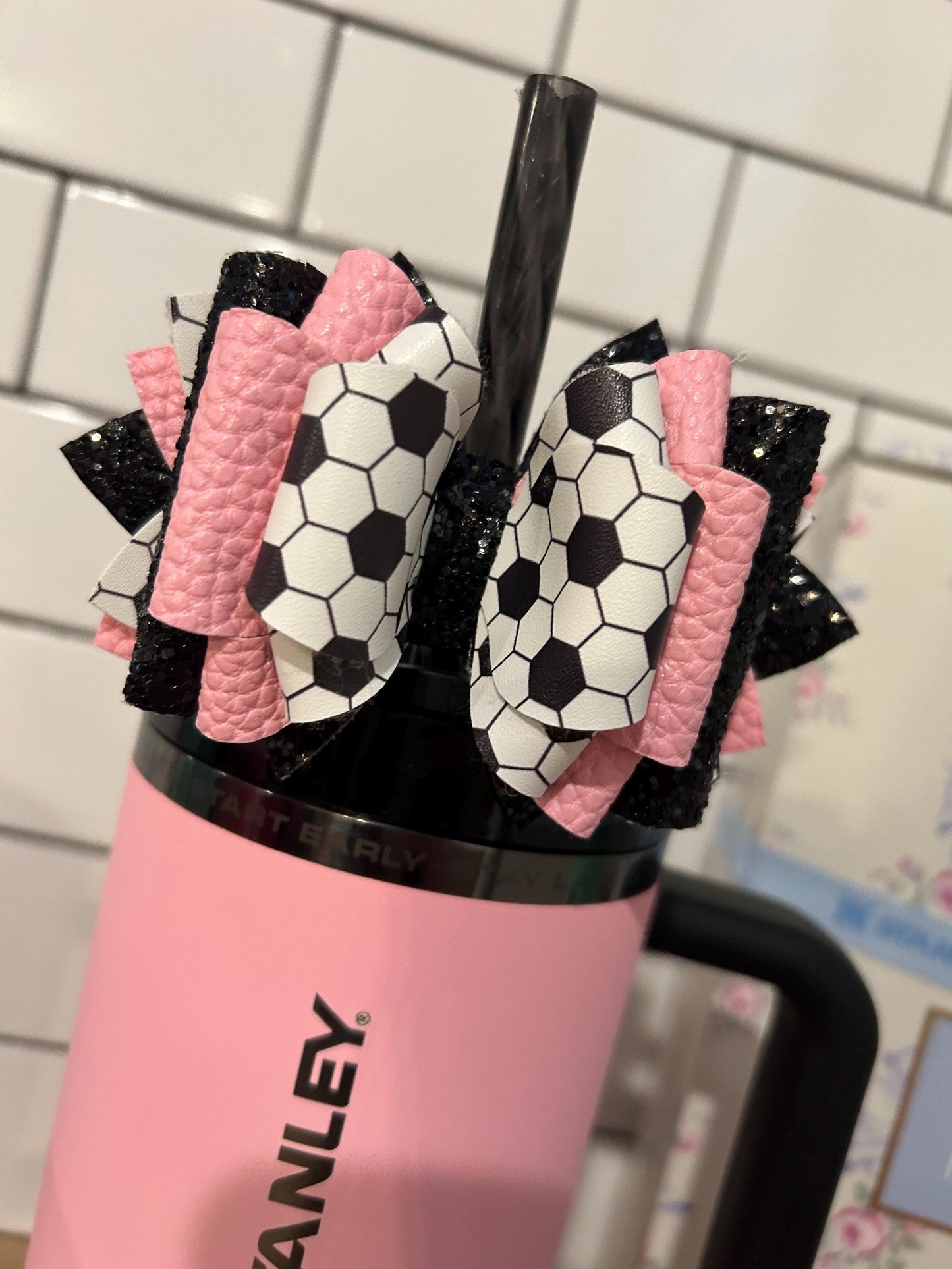 Glitter Tumbler Bow for Stanley, straw topper, soccer sports black white glitter can sub team school color Messi messie pink black goat