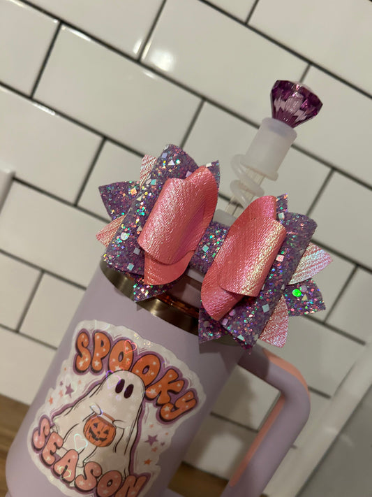 Glitter Tumbler Bow for Stanley, straw topper, orchid glimmer iridescent lavender peach pink coral purple periwinkle shimmer