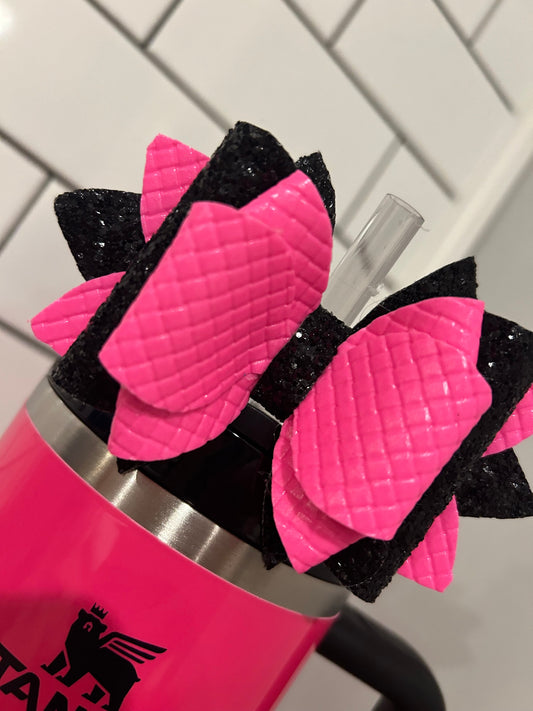 Stanley Tumbler Bow neon pink black Glitter Straw Topper hot pink