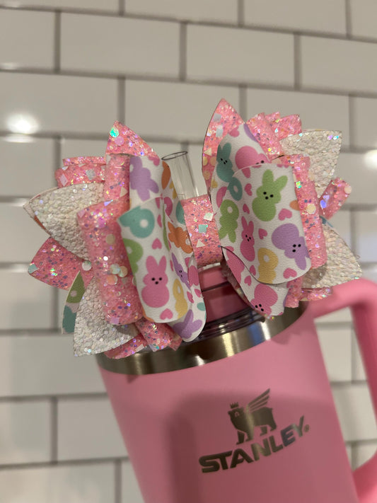 Can customize colors Glitter Tumbler Bow for Stanley, straw topper, Easter peeps bunny pastel lavender white sizzling pink mint glitters