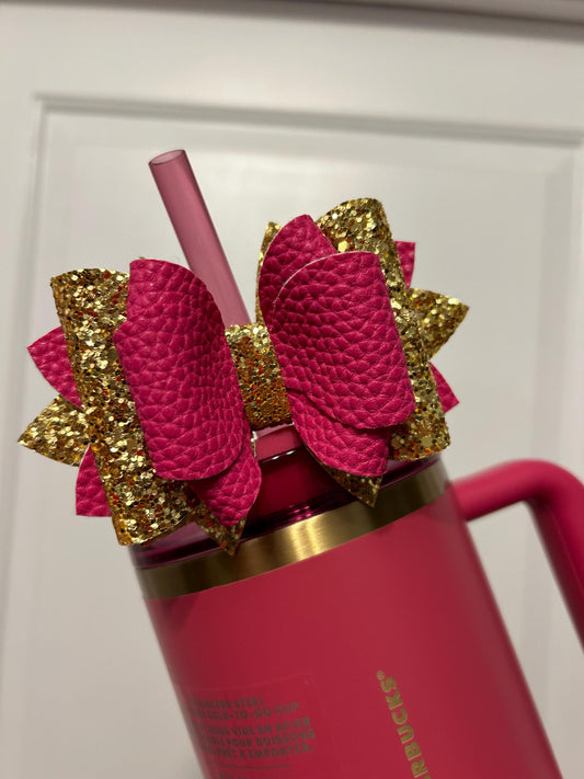 Berry glitter bow for Stanley Starbucks Tumbler, straw topper, pink parade glitter with gold hot pink burgundy