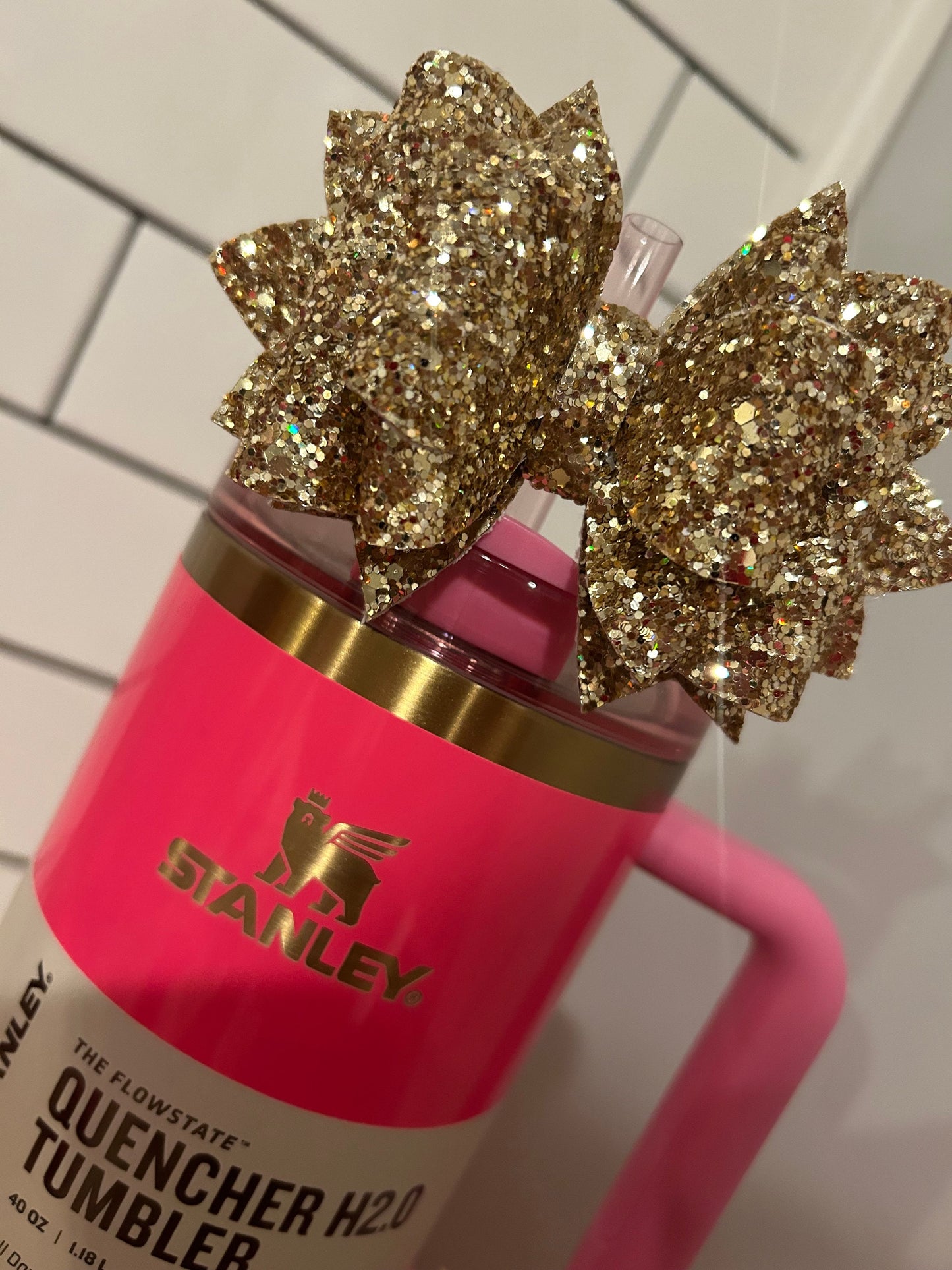 Gold Glitter Tumbler Bow for Stanley, straw topper, pink parade chocolate gold country gold