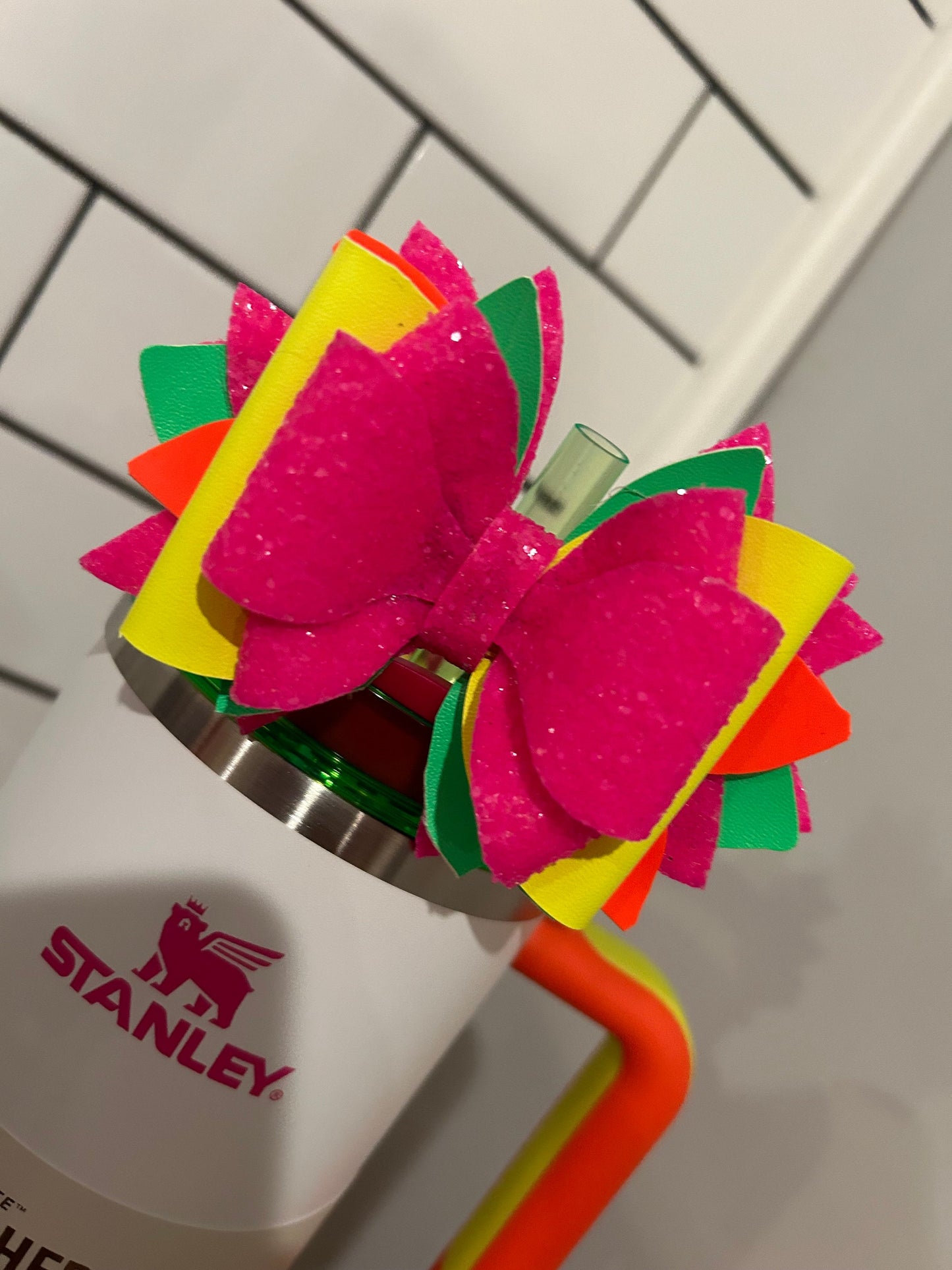 Stanley Tumbler Bow neon pink black with Glitter Straw Topper hot pink white neon green yellow orange glitter neon white neon black