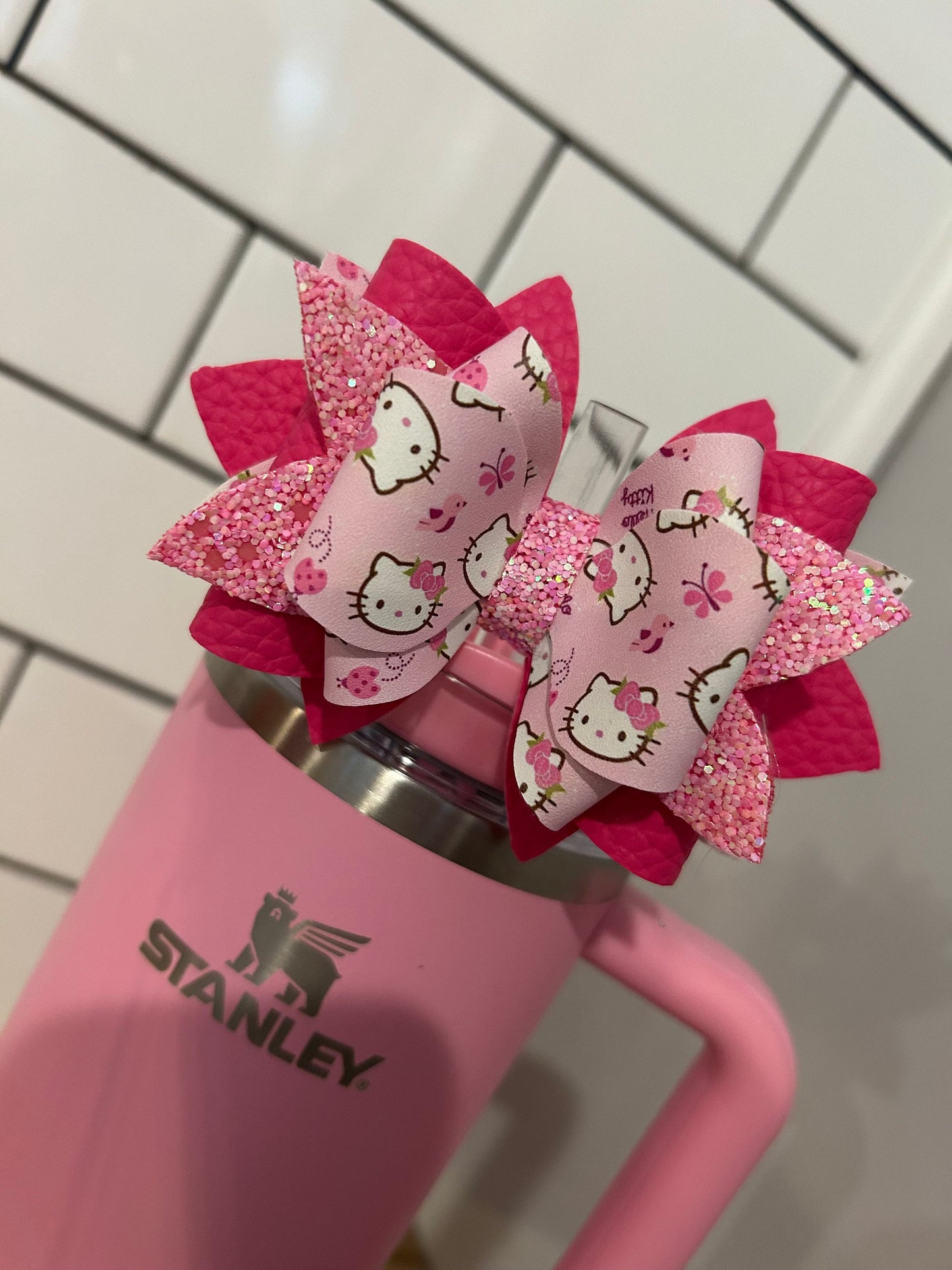 Pink hello kitty cat girly Tumbler Bow for Stanley, straw topper hot pink, Lavender white purple peony camelia bloom sizzling