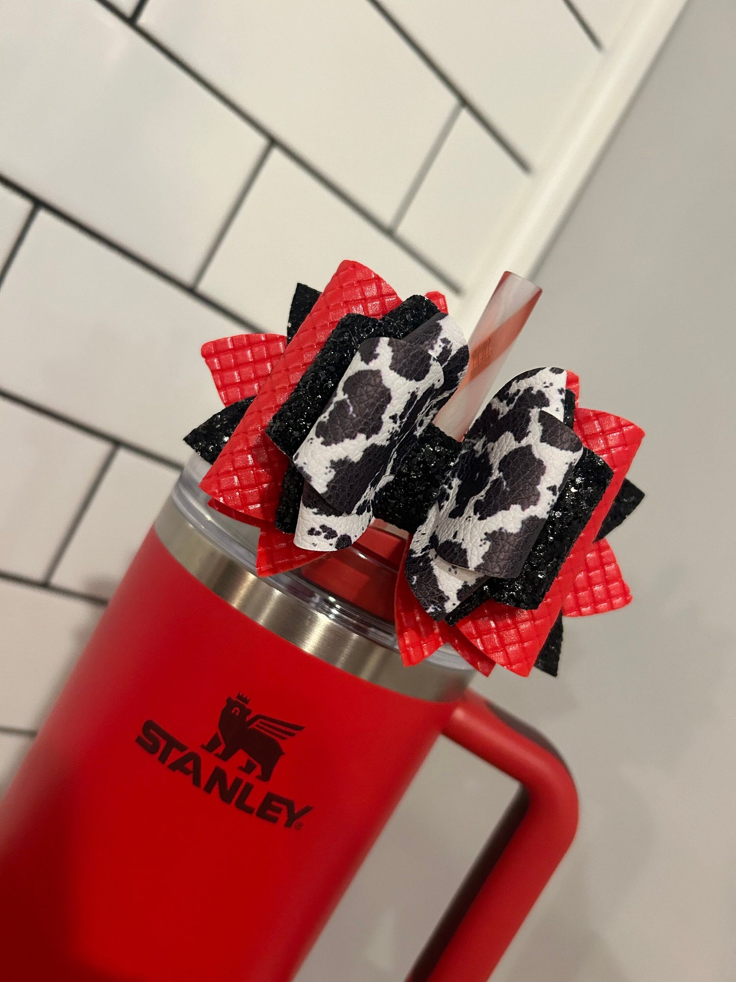 Red Black and White Cow Tumbler Bow for Stanley Straw Topper lava glitter