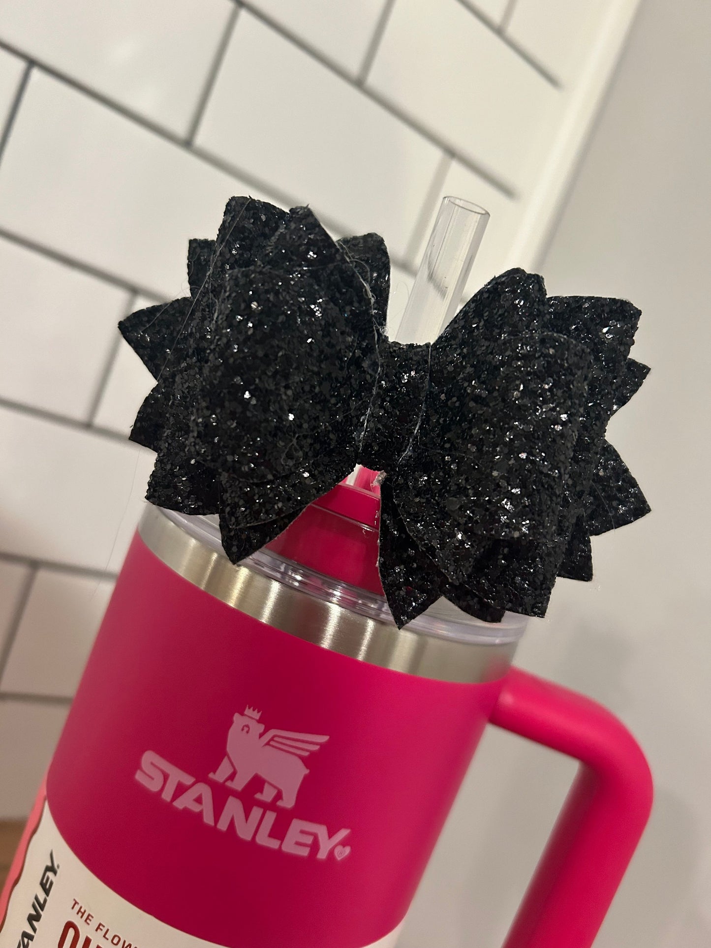 Glitter Tumbler Bow for Stanley, straw topper, black glitter