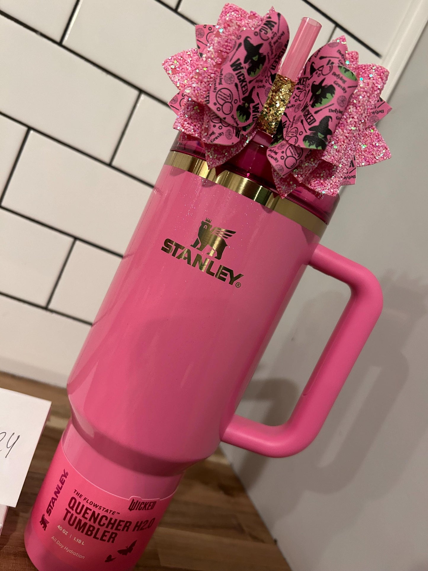 Custom Stanley Tumbler Bow Glitter Straw Topper Wicked pink Glinda elphaba white Gold green black wizard of oz pink Glenda