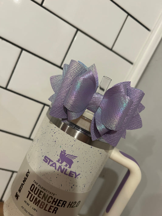 Stanley Tumbler Bow Straw Topper cream speckle lavender chrome iridescent purple sparkle white love shack fancy happy thoughts