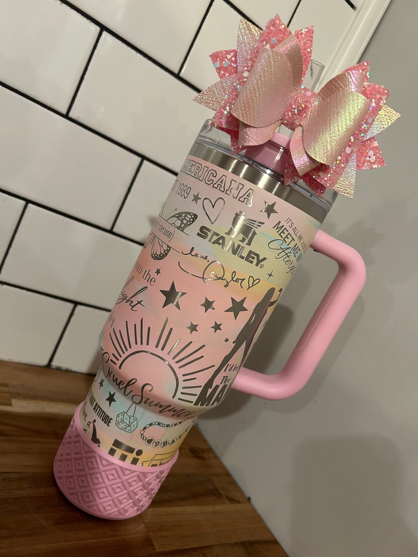 Stanley Tumbler Bow baby pink straw topper bloom winter tulle iridescent love shack fancy blooming heirloom ribbon Rosa rose petal shimmer