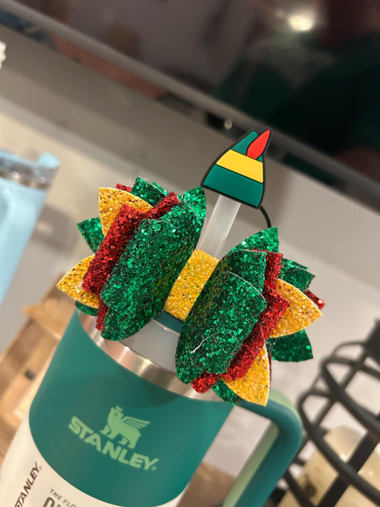 Glitter Tumbler Bow for Stanley, straw topper, Christmas snowflake red white gold yellow tree grinch cake green buddy the elf inspired