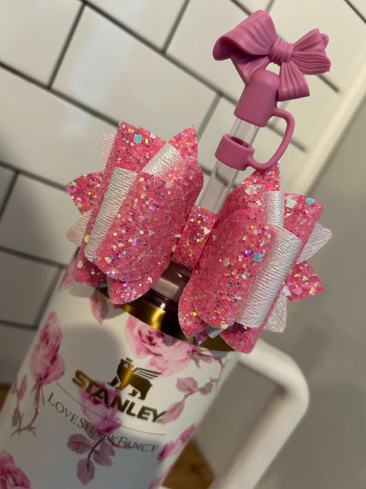 Stanley Tumbler Bow iridescent pink light pink  Glitter Straw Topper love shack fancy blooming heirloom ribbon rosa everblooming rosettes
