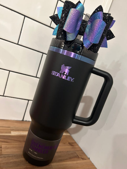 Stanley Tumbler Bow Glitter Straw Topper black silver chroma chrome iridescent moon star purple blue green sparkle midnight glitz