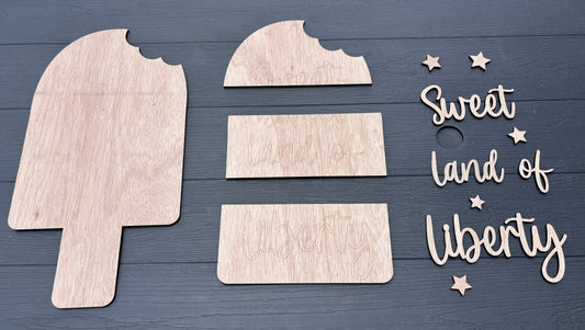 Wooden KIT, 4th of July blank for DIY door Sign, patriotic red white blue door hanger, popsicle sweet land of liberty, not ice cream cone