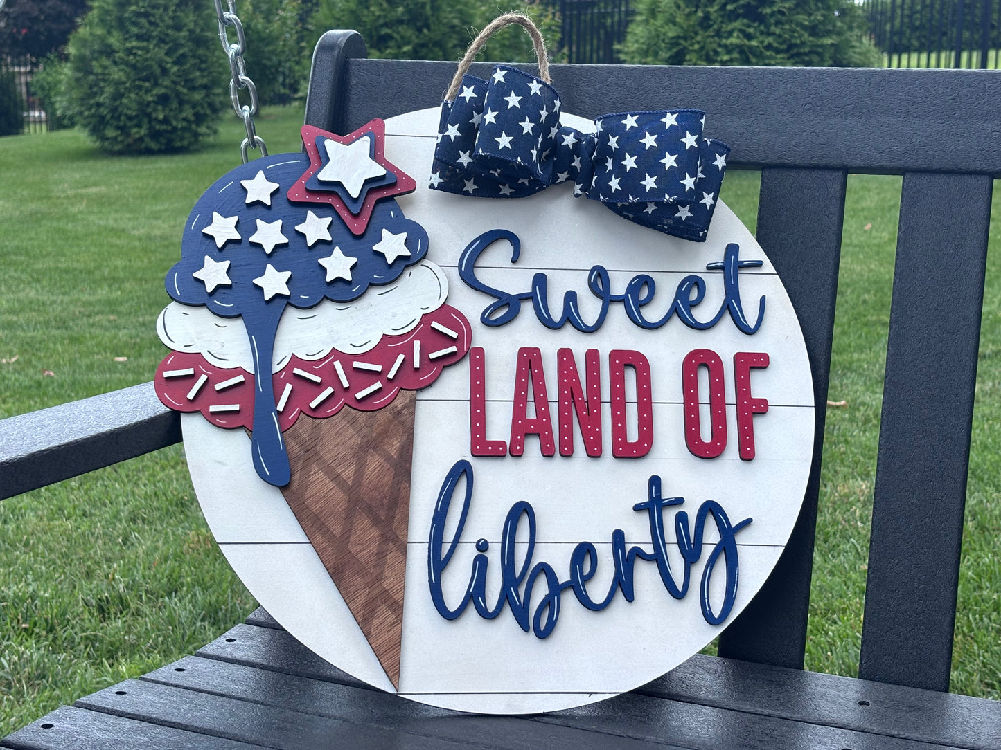 18” Patriotic 4th of July Door Sign, porch hanger, Ice Cream Cone, Sweet Land of Liberty