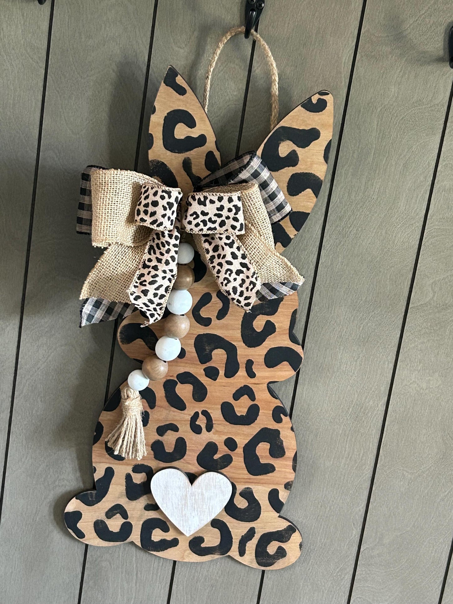 18” Wooden Easter Bunny Sign, leopard black brown white oak stain, bow beads weathered distressed bunnies READY TO SHIP door hanger