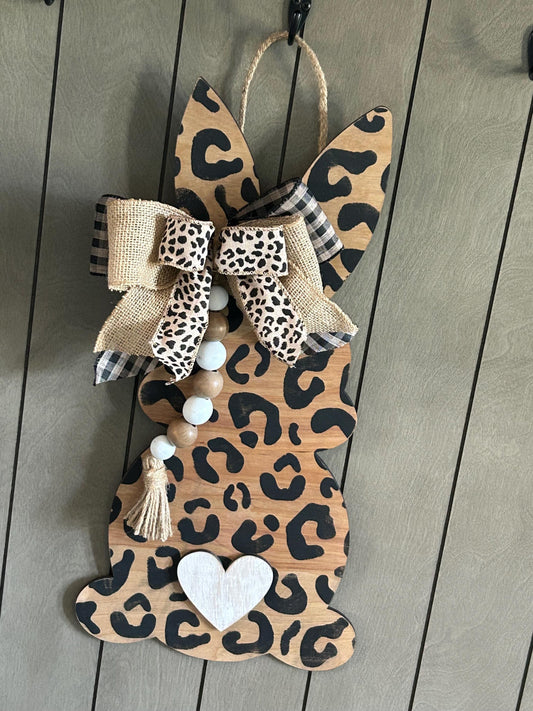18” Wooden Easter Bunny Sign, leopard black brown white oak stain, bow beads weathered distressed bunnies READY TO SHIP door hanger